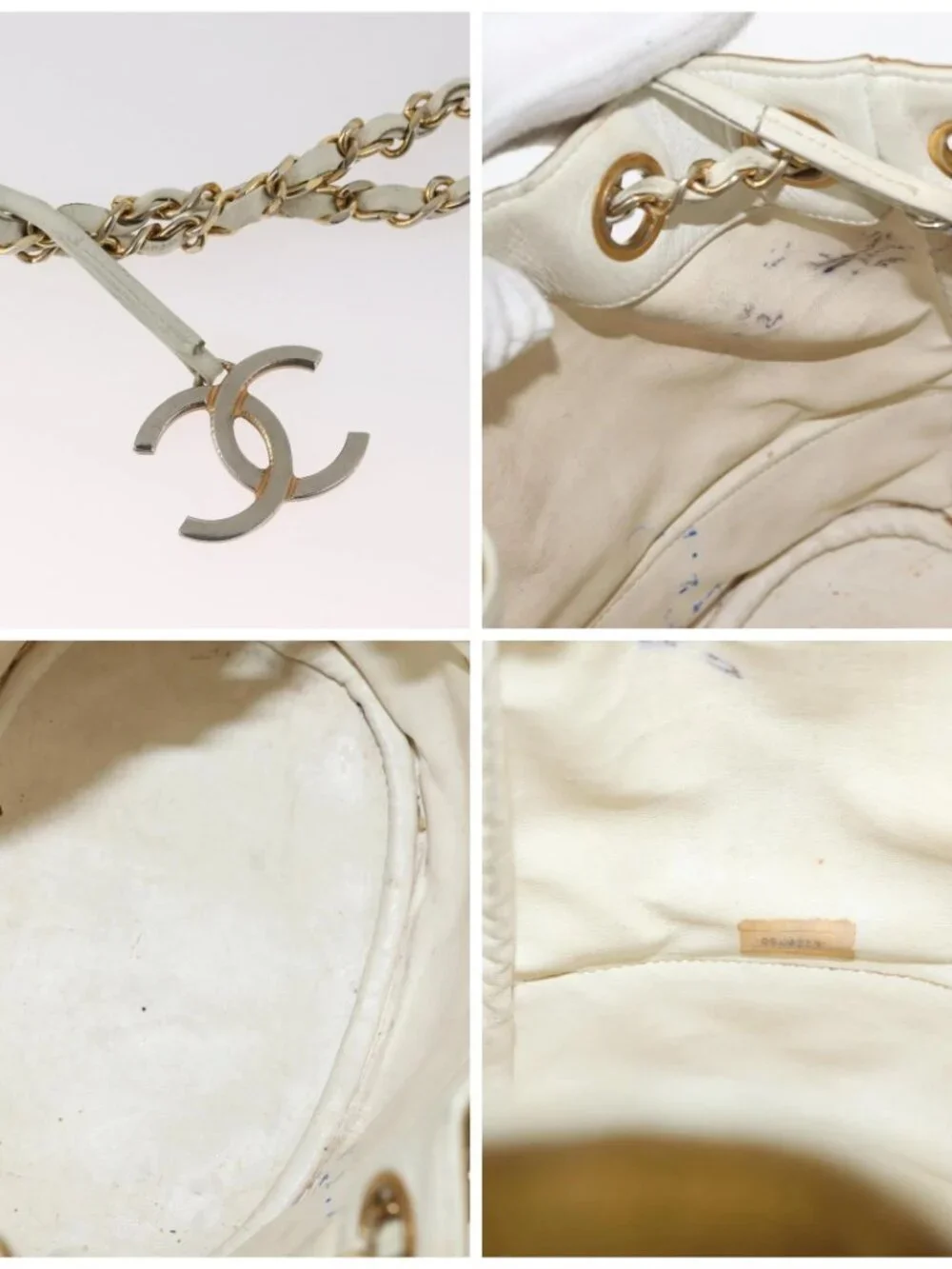 CHANEL Matelasse Drawstring Chain Shoulder Bag Leather Beige Gold CC Auth BAZ157